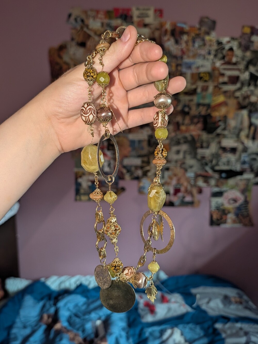 Boho Gold Green Beaded Statement Necklace - Picture 2 of 3